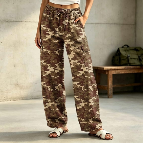 Homenesgenics Womens Cargo Pants Elastic Drawstring Waist Multi Pockets Wide Leg Casual Trousers Loose Camouflage Pants For Daily Outdoor