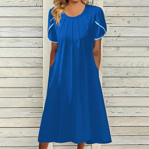 Homenesgenics Womens Clothes $5 Spring Summer 2025 Fashion Women Casual Sexy V-Neck Print Holidays Party Short Sleeve Pockets Dress/Blue