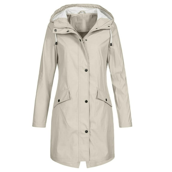 Homenesgenics Womens Coats and Jackets Clearance Women's Solid Color Rain Jacket Outdoor Hooded Windproof Long Coat