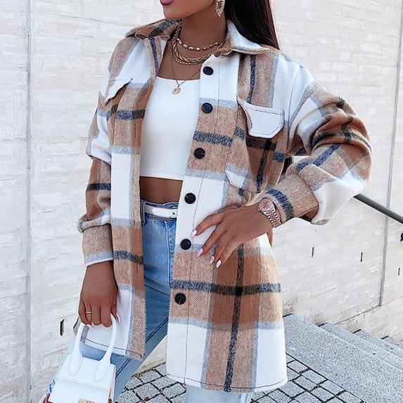 Homenesgenics Womens Coats and Jackets Warm Women Plaid Lapel Woolen Button Up Pocketed Long Sleeve Shirt Coat Jacket Outwear