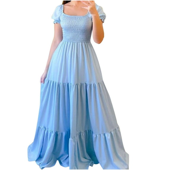 Homenesgenics Womens Dresses Clearance under $10.00 Women's Spring Summer Dress Solid off Shoulder Long Dress Short Sleeve one Shoulder Ankle Dress Maxi A Line Dress Blue XXXL