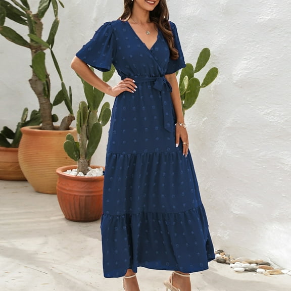 Homenesgenics Womens Dresses under $10.00 Women's Summer Fashion Short-Sleeved V-Neck High-Waistband Bohemian Long Short-Sleeved Dress Blue M