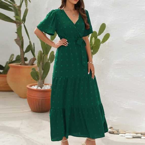 Homenesgenics Womens Dresses under $10.00 Women's Summer Fashion Short-Sleeved V-Neck High-Waistband Bohemian Long Short-Sleeved Dress Green XL