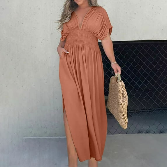 Homenesgenics Womens Dresses under $10.00 Women Summer Fashion Short Sleeve Vent Round-Neck Casual Dress Maxi A Line Dress Brown S