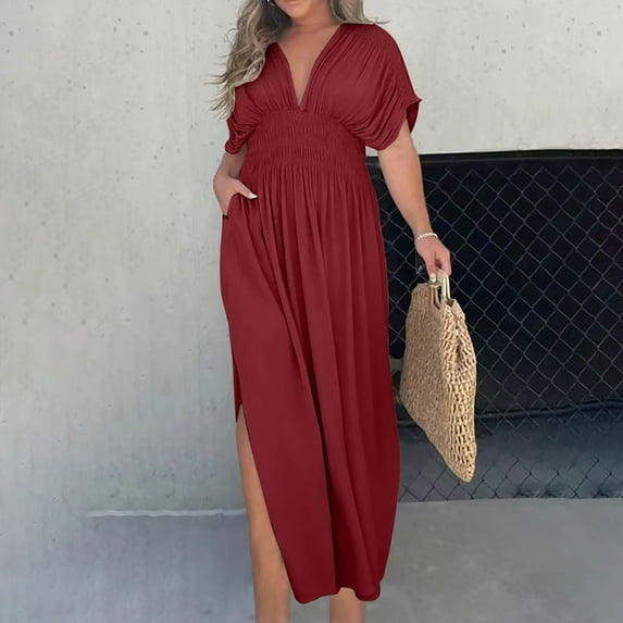 Homenesgenics Womens Dresses under $10.00 Women Summer Fashion Short Sleeve Vent Round-Neck Casual Dress Maxi A Line Dress Red XL