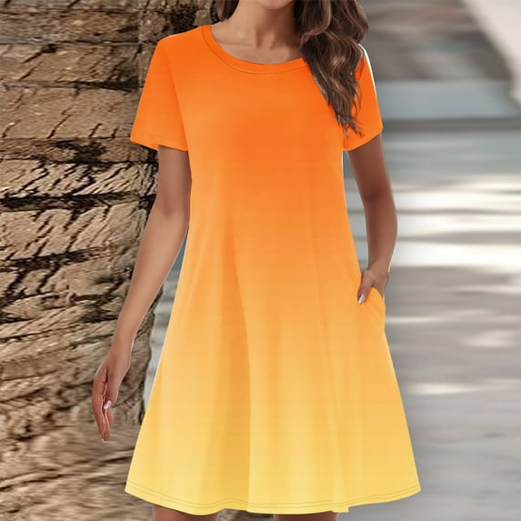 Homenesgenics Womens Dresses under $10.00 Women's Summer Gradient Color Double Pocket Short Sleeve Round Neck T-Shirt Dress Gold XL