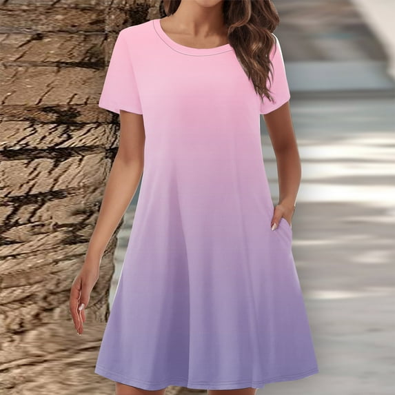 Homenesgenics Womens Dresses under $10.00 Women's Summer Gradient Color Double Pocket Short Sleeve Round Neck T-Shirt Dress Pink XL