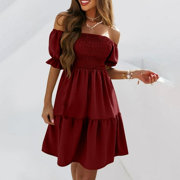 Homenesgenics Womens Dresses under $10.00 Women's Summer Solid Color Short Sleeve Dress one Shoulder Dress Tiered Ruched Smocked Red L