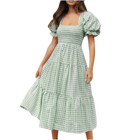 Homenesgenics Womens Dresses Plus Size 3xl Womens Bohemian Summer Plaid Square Neck Puff Sleeve Ruffle Flowy Beach Midi Dress