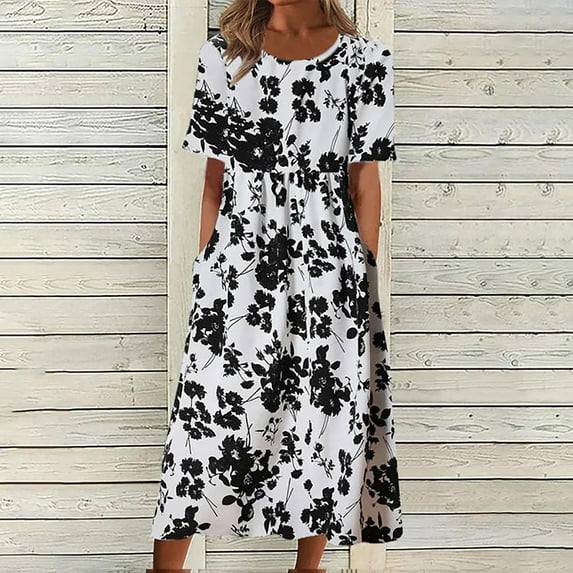 Homenesgenics Womens Dresses Plus Size Short Sleeve Spring Summer 2025 Women's Holidays Party Casual Round Neck Zipper Folding Floral Printed Dresses/Black