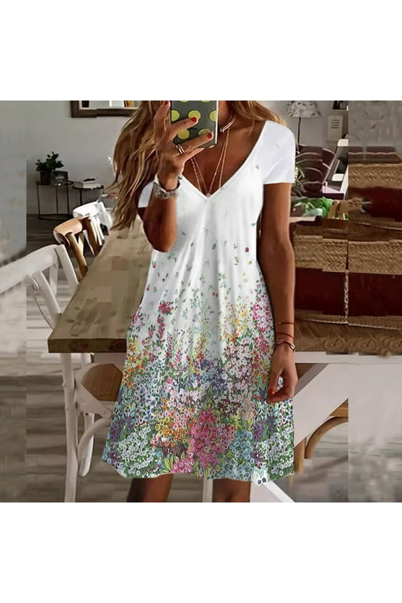 Womens Dresses Short Sleeve Plus Size Spring Summer 2026 Fashion Women Holidays Party Casual V-Neck Print Mini Dress
