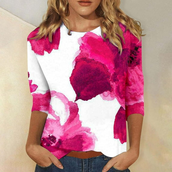 Homenesgenics Womens Fall Clothing New Arrivals Fashion Women's Comfortable Round-Neck 3/4 Sleeve Print Casual T-shirt Blouse Pink S