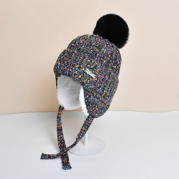 Homenesgenics Womens Hats for Winter Ear Flaps,Bobble Hat,Pom Pom Hat,Trapper Hat,Earflap Hat,Winter Windproof Outdoor Women's Beanies Brushy Black Free Size