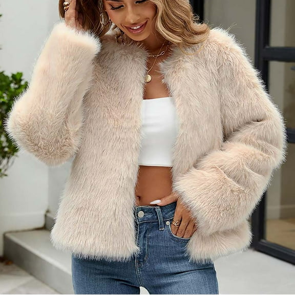 Homenesgenics Womens Jacket Lightweight Fashionable Womens Ladies Warm Faux Furry Coat Jacket Winter Solid V-Neck Outerwear Beige L
