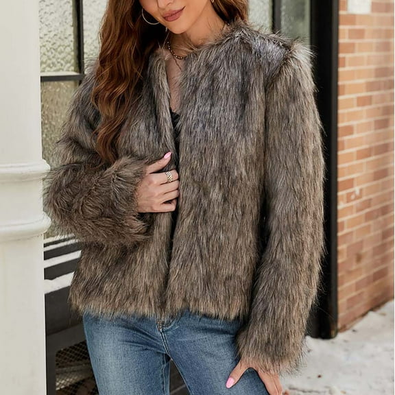 Homenesgenics Womens Jacket Lightweight Fashionable Womens Ladies Warm Faux Furry Coat Jacket Winter Solid V-Neck Outerwear Brown XL