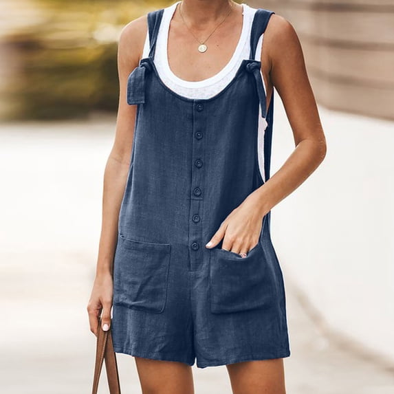 Homenesgenics Womens Jumpsuits Summer Women's Button Cotton and Pocket Suspender Shorts Jumpsuit Strap Pants Blue L