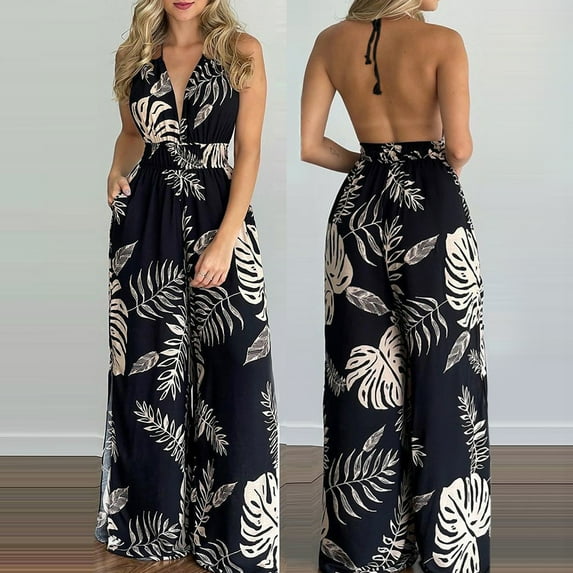 Homenesgenics Womens Jumpsuits Summer Clearance Women's Printed Jumpsuit Casual Button Pocket Sleeveless Wide Leg Trousers