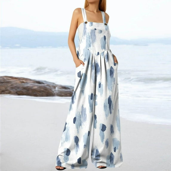 Homenesgenics Womens Jumpsuits Summer Clearance Women's Printed Jumpsuit Casual Button Pocket Sleeveless Wide Leg Trousers