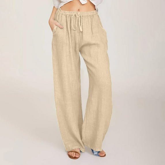 Homenesgenics Womens Khaki Cargo Pants Women Casual Solid Cotton Linen Drawstring Elastic Waist Long Wide Leg Pants