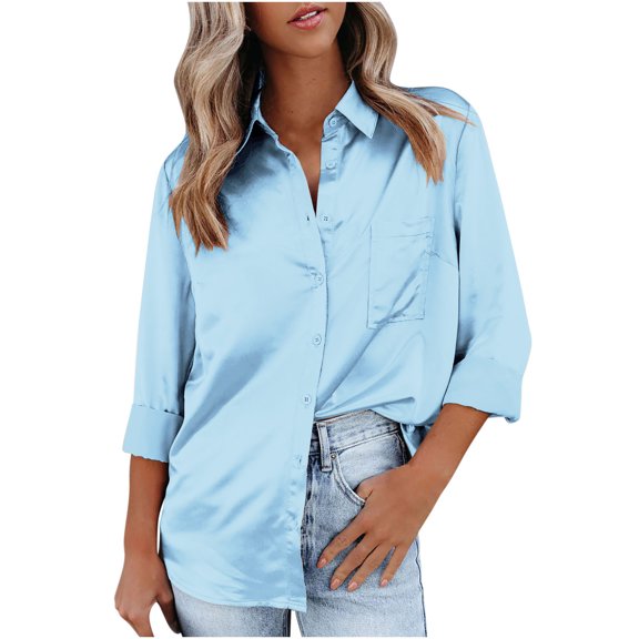 Homenesgenics Womens Long Sleeve Tops Women's Blouse Satin Silk Shirts Shirts Casual Loose Long Sleeve office Work Tunic Tops Blue XXXL