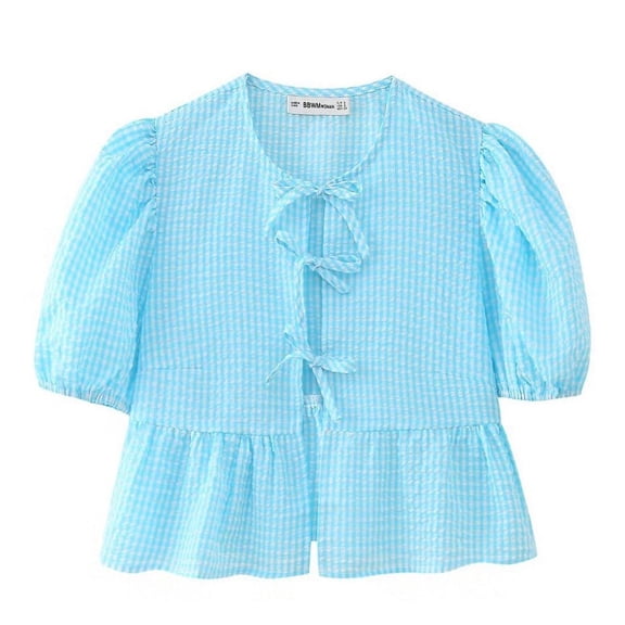 Homenesgenics Womens Long Sleeve Tops Dressy Women's Round Neck Linen Half Lantern Sleeve Shirt Solid Blouse Elastic Tops Babydoll Shirts