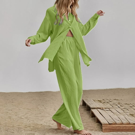 Homenesgenics Womens Pajama Sets Solid Button Long Sleeve Shirt Blouse And Pants Set With Pocket