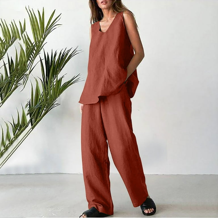 Homenesgenics Womens Pajama Sets Summer Sleeveless V-neck Back Button  Cotton Linen Set Womens Clothes Clearance under $8