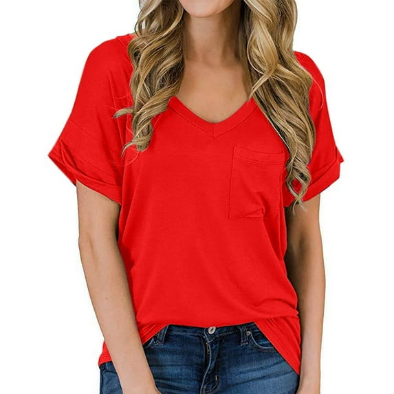 Homenesgenics Womens Plus Size Tops Breathable Womens Casual Fashion V-Neck Solid Color Loose Short-Sleeved T-Shirt