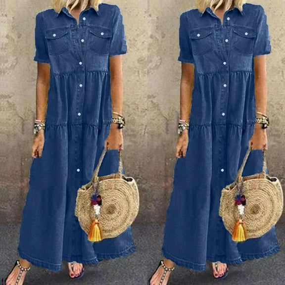 Homenesgenics Womens Skirts and Dresses Summer Fashion Casual Multi-button Denim Skirt Multi-pocket Denim Skirt