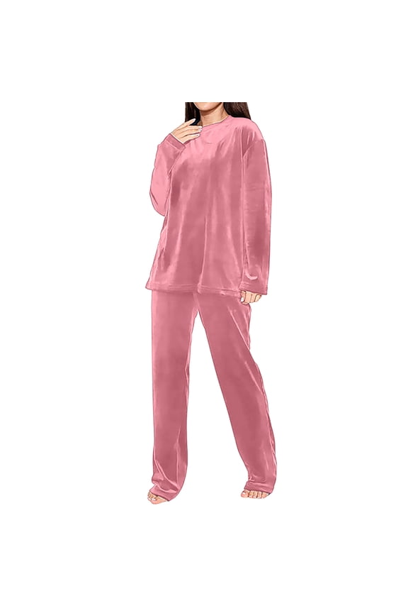 Womens Solid Color Flannel Casual Warm Long-sleeved Trousers Two-piece Suit,Matching Lounge Set/Coordinated Loungewear Set
