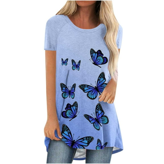 Homenesgenics Womens Summer Tops under $10 Womens Tops Fashion Women Fashion Short Sleeve Round Neck Printed Long T-Shirt Blouse Loose Tops