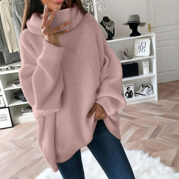 Homenesgenics Womens Sweaters Plus Size Solid Color Turtleneck Knit Pile Collar Plus Size Loose Turtleneck Sweater