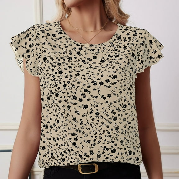 Homenesgenics Womens Tops under $10 Womens Tops Plus Size Women Shirts $5 Ladies' Casual Floral Print Short Sleeved Round Neck Tops/shirt Blouses Beige L