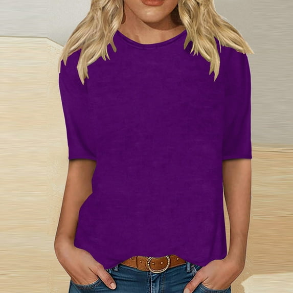 Homenesgenics Womens Tops 3/4 Sleeve Fall Clothes Women Half Sleeves Casual Shirts Pullover Loose Blouse Purple L