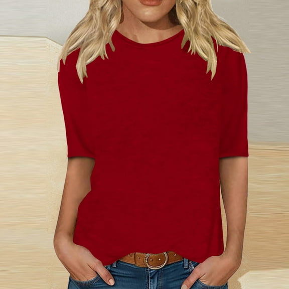 Homenesgenics Womens Tops 3/4 Sleeve Fall Clothes Women Half Sleeves Casual Shirts Pullover Loose Blouse Red XXXL