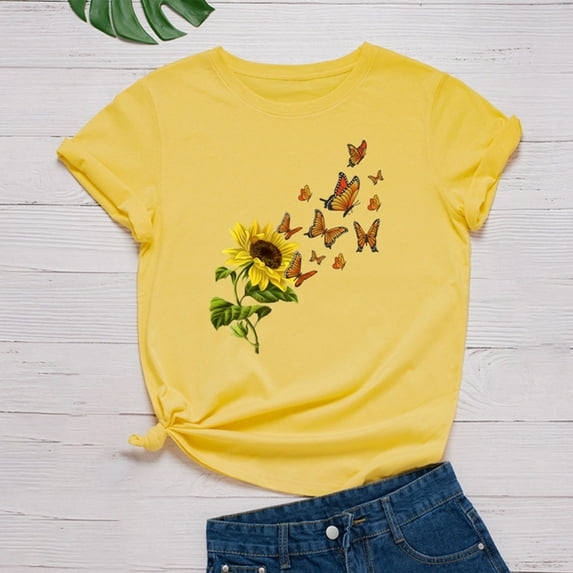 Homenesgenics Womens Tops under $5 Free Shipping Breathable Fashion Women Butterfly Print Short Sleeve Round Neck Novelty Graphic Tops Gifts for Women