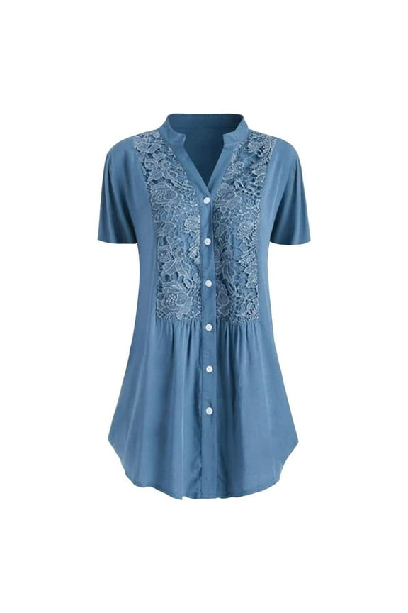 Womens Tops under $5 Free Shipping Fashion Women Casual Plus Size Lace Solid Short Sleeve V-Neck Shirt Blouse Tops Gifts for Women