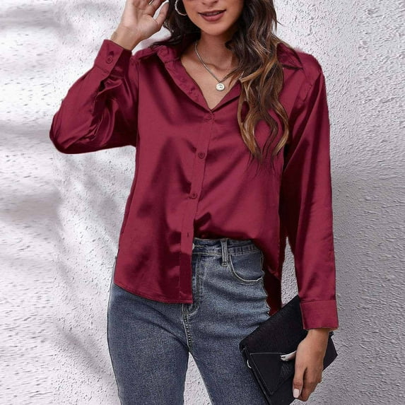 Homenesgenics Womens Tops under $5 Women Satin Long Sleeve Shirt Casual Office Work Blouse Tops Going Out Holiday T-Shirt Womens Tops 3/4 Sleeve