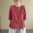 thumbnail image 1 of Homenesgenics Womens Tops under $5 Women's Casual Solid Color Vintage Cotton Linen T-shirt Embroidered Crew-Neck Tops Short Sleeve Tops/shirt Red M, 1 of 8