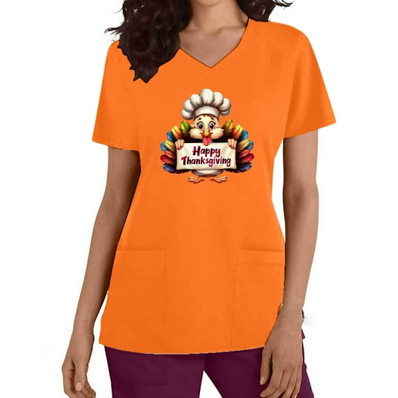 Homenesgenics Womens Tops Clearance under $5 Women's Prints Graphic V-neck Short Sleeve Shirts Pockets Nursing Character Uniform Scrub Tops for Women Clearance under $10 Orange M