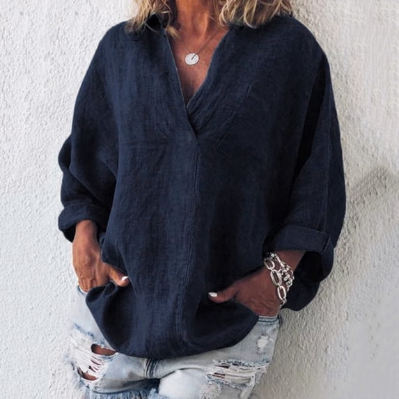 Homenesgenics Womens Tops Fall Clothes Boho Womens Long Sleeve Cotton Linen Kaftan Ladies Baggy Blouse Tee Shirt Tops Blue XXXXL