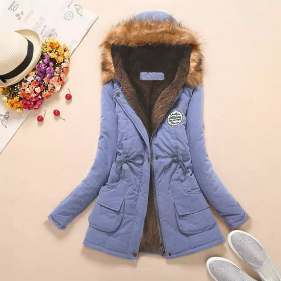 Homenesgenics Womens Tops under $5 Fall Clothes Winter Womens Warm Coat Hooded Jacket Slim Winter Outwear Blue L