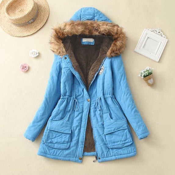 Homenesgenics Womens Tops under $5 Fall Clothes Winter Womens Warm Coat Hooded Jacket Slim Winter Outwear Blue S