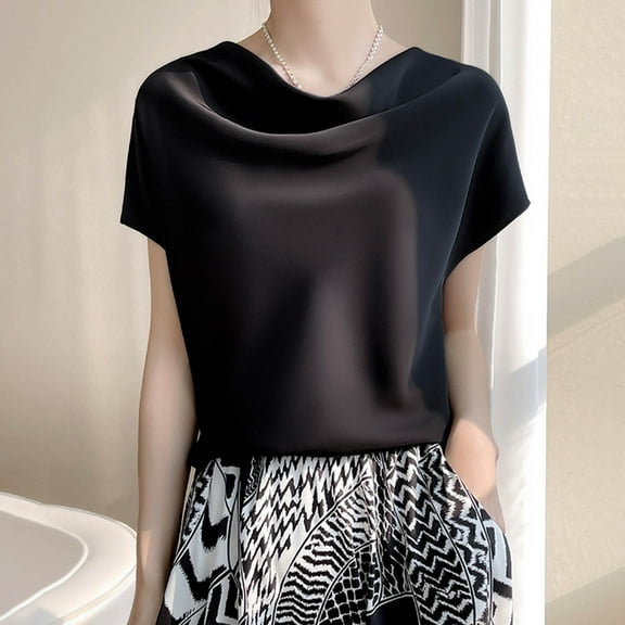 Homenesgenics Womens Tops under $5 Fashion Women's Casual Solid Color Short Sleeve Round-Neck Blouses Shirts Black XXXXXL