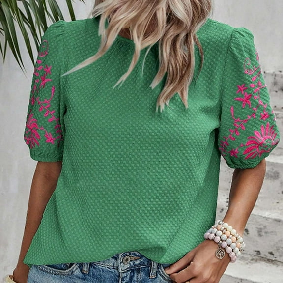 Homenesgenics Womens Tops under $5 Fashion Women's Summer Casual Round Neck Short Sleeve Solid Color Pullover Blouse Green L