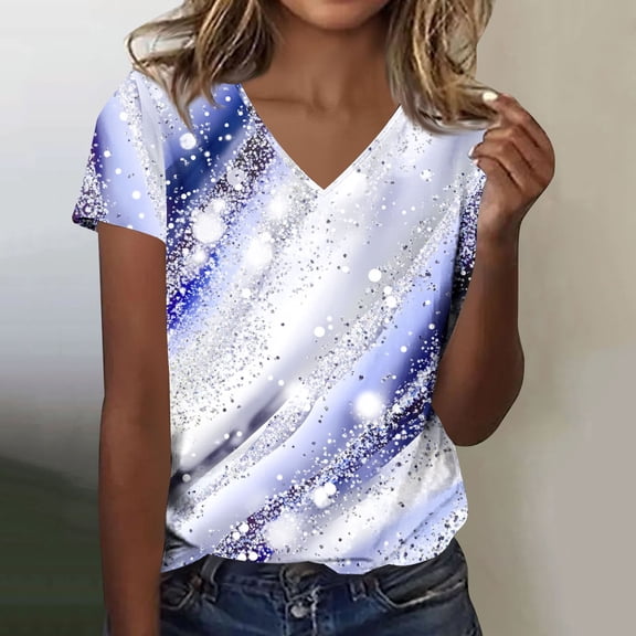 Homenesgenics Womens Tops under $5 Fashion Women's Summer Short Sleeve Print Short Sleeve V-Neck Blouses Purple S