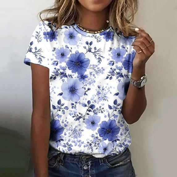 Homenesgenics Womens Tops under $5 Fashionable Women's Casual Pullover Printed Short Sleeved Round Neck Tops Multicolor L