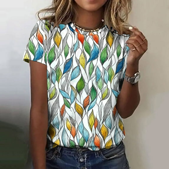 Homenesgenics Womens Tops under $5 Fashionable Women's Casual Pullover Printed Short Sleeved Round Neck Tops Multicolor S