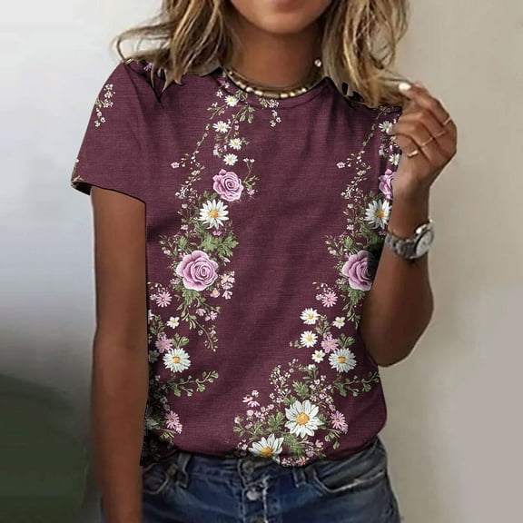 Homenesgenics Womens Tops under $5 Fashionable Women's Casual Pullover Printed Short Sleeved Round Neck Tops Multicolor XL