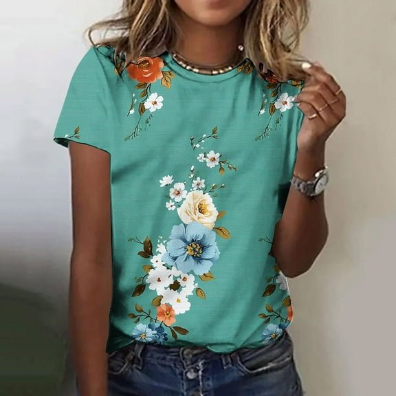 Homenesgenics Womens Tops under $5 Fashionable Women's Casual Pullover Printed Short Sleeved Round Neck Tops Multicolor XXXL